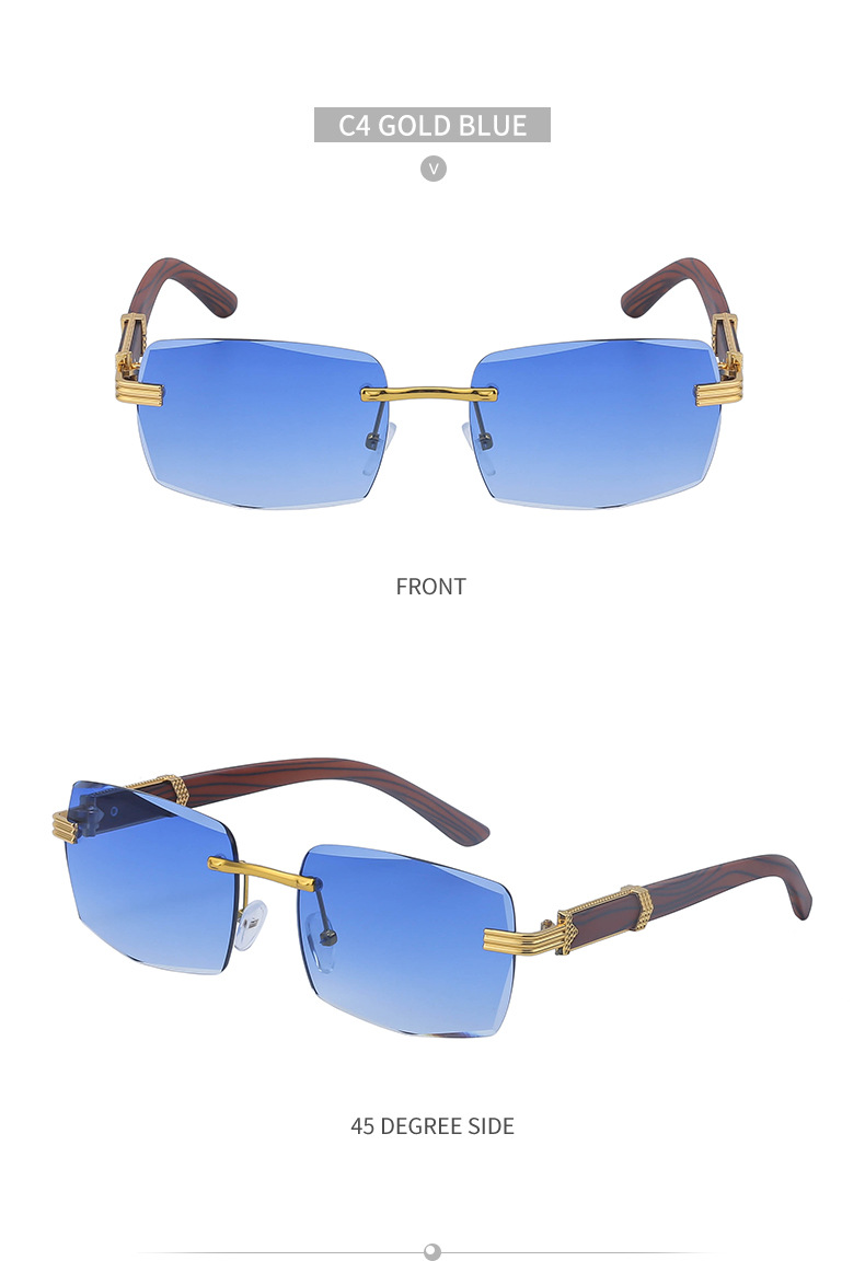 Randlose Sonnenbrille mit Schnittkante für Herren, trendige Retro-Sonnenbrille mit quadratischem Rahmen, Herren-Sonnenbrille mit Holzmaserung und Spiegelbeinen_voghion.com
