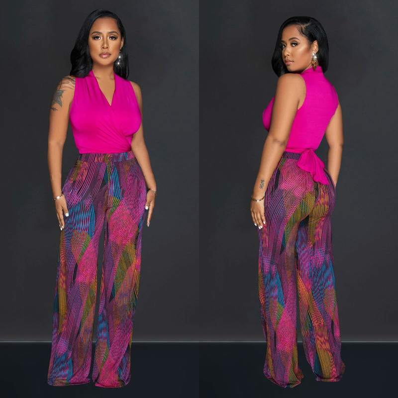 Set di due pezzi di pantaloni senza maniche con scollo a V stampati a colori da donna_voghion.com