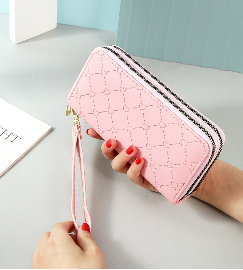 Wallet Card Cases Wallet Long Women's Double Layer Zipper Love Frosted Leather Mobile Phone Bag Women's Purse Large Capacity Wrist Clutch Bag_voghion.com