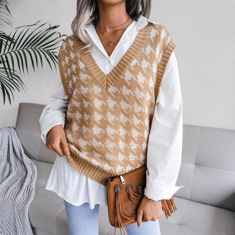 Gilet in maglia casual con scollo a V e motivo pied de poule, autunno inverno 2023_voghion.com