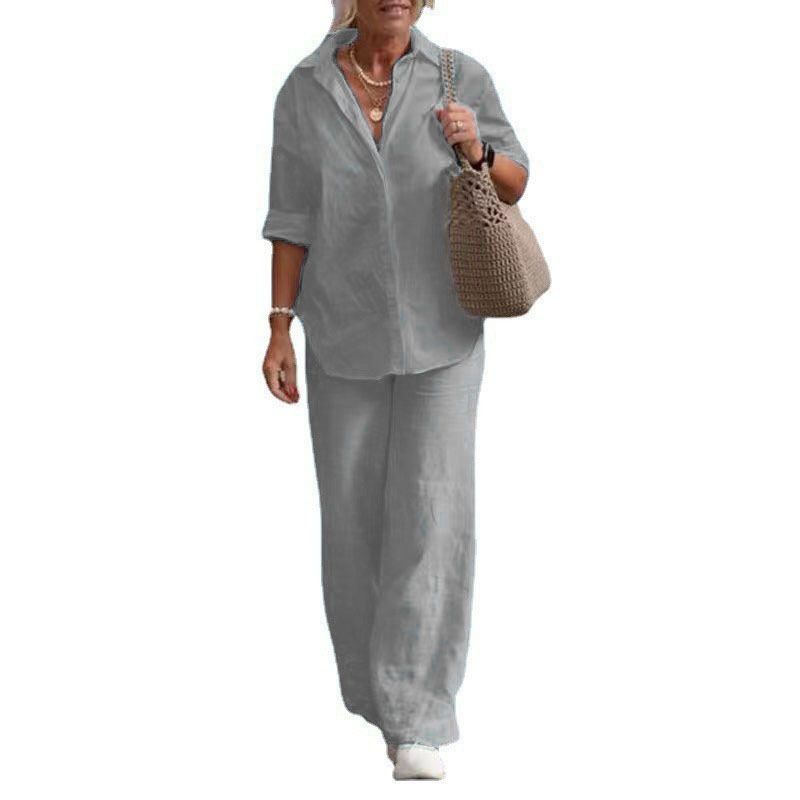 Damenbekleidung Zweiteiliges Set für Damen mit langärmeligem Revers und lässigem Frühlings- und Herbstanzug in einfarbiger Hose mit weitem Bein_voghion.com