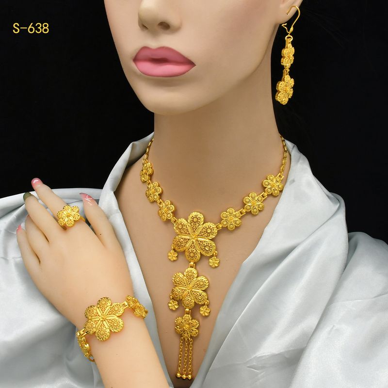 Set di gioielli da donna in oro, gioielli in lega di rame placcati in oro, collana da sposa in oro saudita, orecchini, anello, bracciale, set di gioielli da donna indiani_voghion.com
