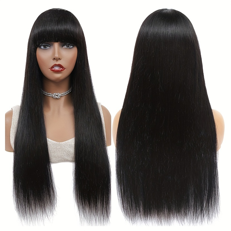 Pruik van echt haar met hoge dichtheid en natuurlijke kleur en pony - Perfect voor hoofdbedekking en stijlverbetering_voghion.com