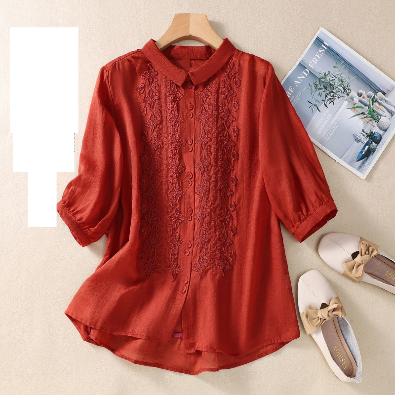 Camicetta vintage da donna in lino e cotone con maniche a sette quarti, con fiori ricamati_voghion.com