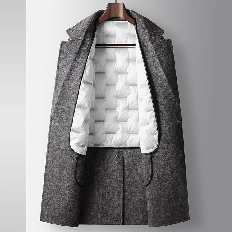 Herrenbekleidung zweireihiger Woll-Windbreaker mit abnehmbarem weißem Entenseiden-Baumwollfutter, lässiger doppelseitiger Wollmantel für Jugendliche_voghion.com