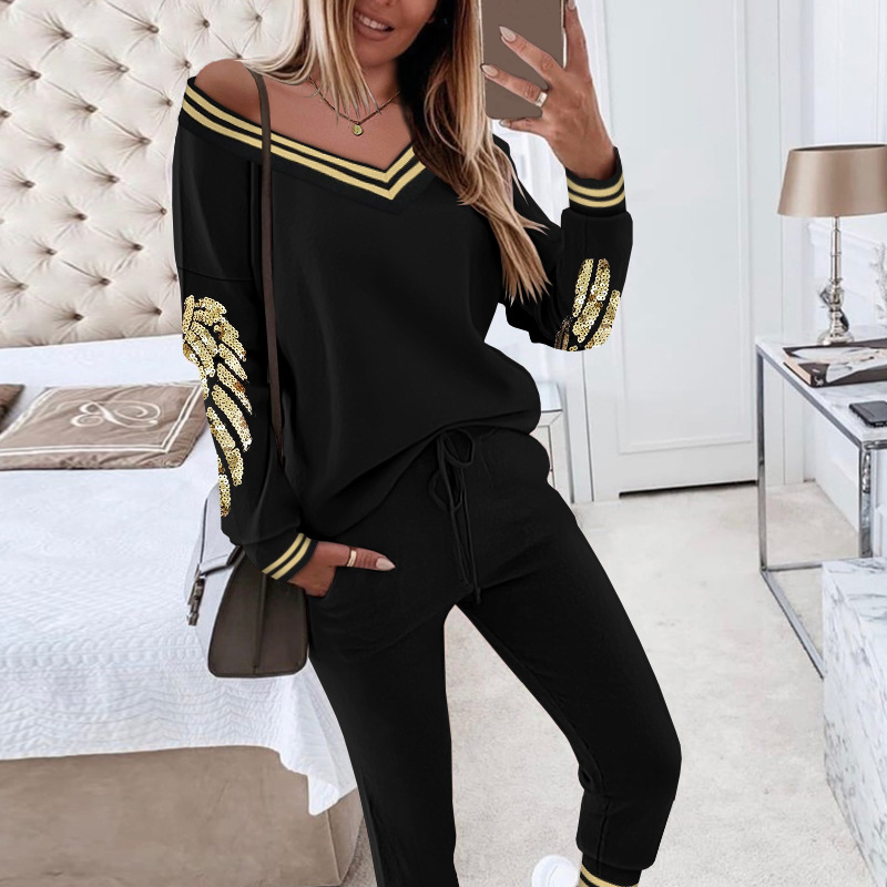 Women's Clothing Ribbon Stitching Sequin Long Sleeved Top Pants Two Piece Set_voghion.com