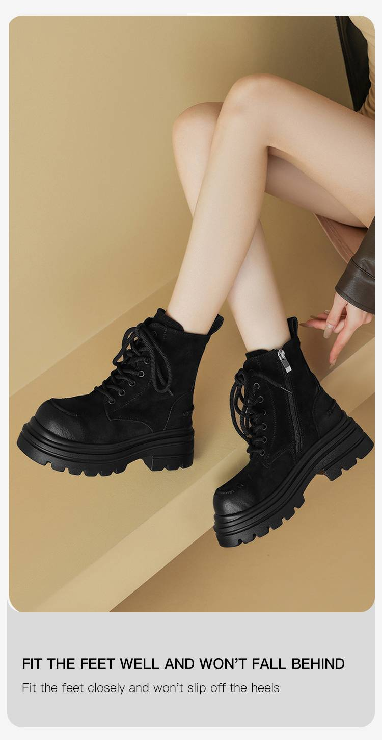 cameido Women's Thick-soled, Chunky-heeled Short Boots In Retro British Style, Lace-up. Martens Boots With Fleece Lining For The Autumn_voghion.com