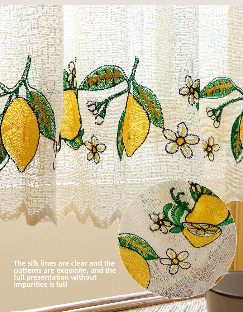 Lemon & Strawberry Embroidery Sheer Curtains - No Drill Cafe Curtains, 100% Polyester, Light Filtering & Dustproof Tier Curtains_voghion.com