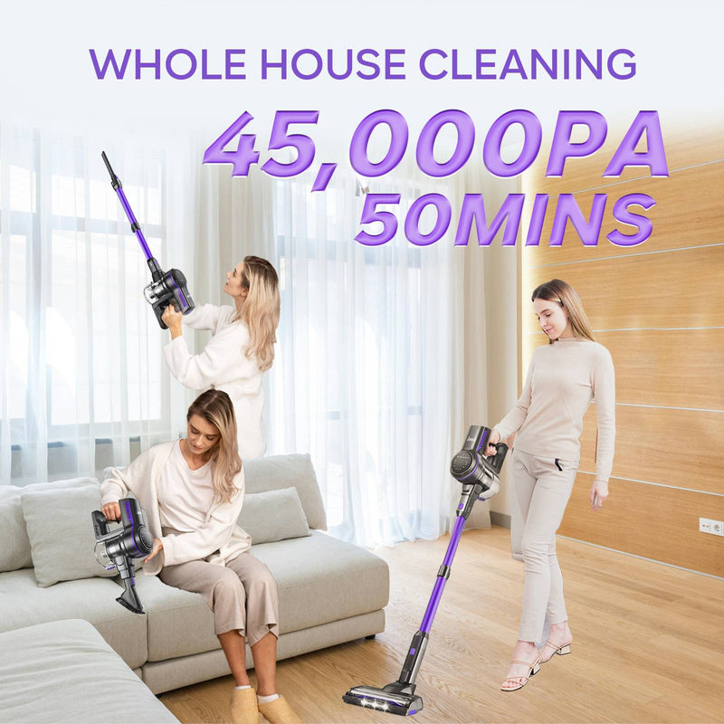 Aspirapolvere senza fili a batteria da 45 kPa, 6 in 1, fino a 50 minuti di autonomia, contenitore della polvere da 1,3 l, per il fondo dei mobili, peli di animali, tappeti e pavimenti duri._voghion.com