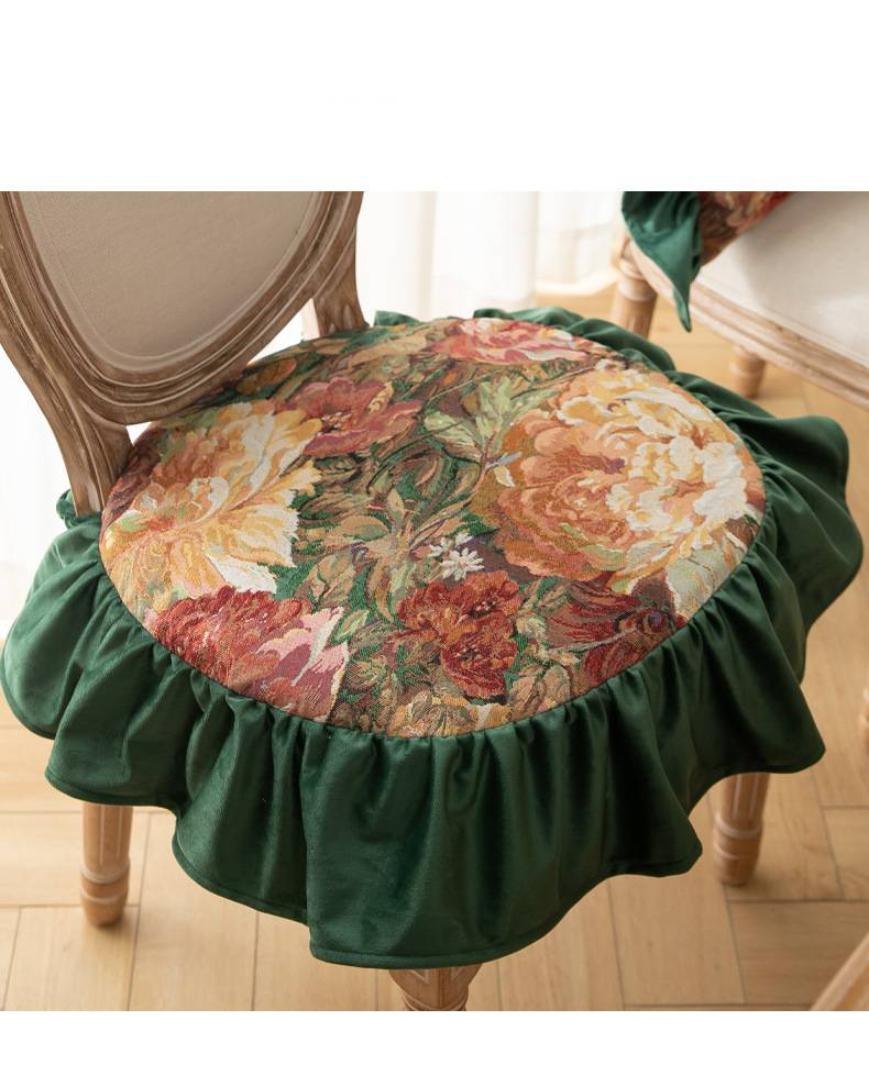 Abnehmbares französisches Vintage-Stuhlkissen mit Blumenmuster – waschbares Sitzpolster aus Polyester mit Rüschen und rutschfesten Bändern (Füllung aus harter Baumwolle, Cottagecore-Dekor)_voghion.com