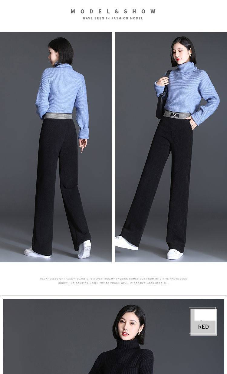 Pantaloni da donna a vita alta in velluto a coste con gamba larga - Pantaloni invernali spessi e foderati in pile, con taglio dritto e drappeggio fluido_voghion.com