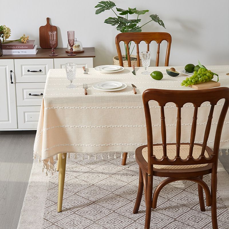 Nappe à franges marron - Style rustique de ferme avec mélange lin-coton (housse de table rectangulaire 60" x 90" lavable, résistante aux taches de café/thé)_voghion.com