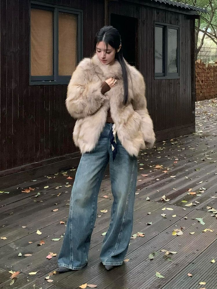 Cappotto invernale da donna corto, spesso, alla moda, ecologico, in pelliccia di volpe, di alta qualità, sfumato, bicolore, soffice_voghion.com