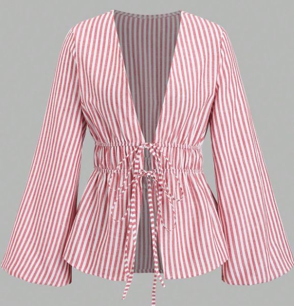 Casual Striped Bow Tie Blouse For Women - Loose Fit Long Sleeve Top With Flared Cuffs, Comfortable Polyester Fabric, Elegant Office Wear_voghion.com