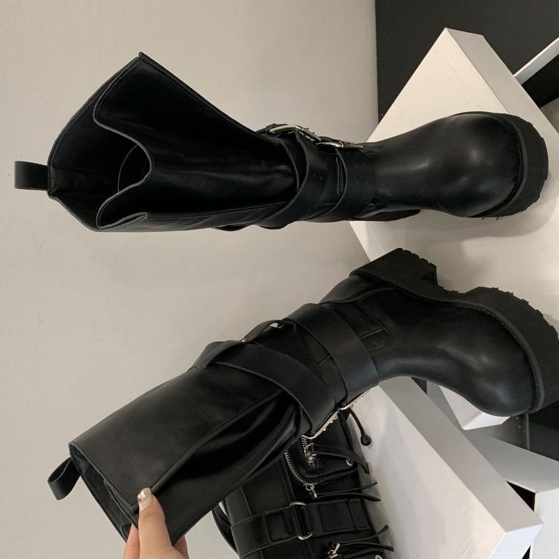 Women Boxing Boots 2025 Autumn Winter New Dark Style Belt Buckle Motorcycle Boxing Thick Sole Mid-Calf Riding Boots For Women_voghion.com