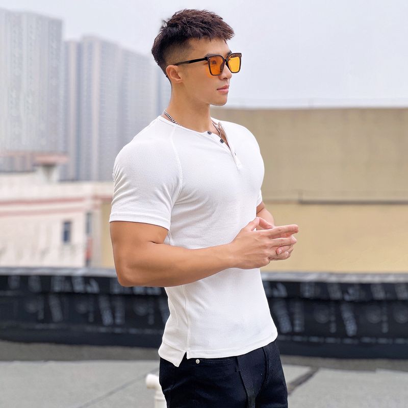 Muscle-Enhancing Ribbed Crew Neck Tee - 88% Cotton Compression Fit For Gym & Street (Unisex, Breathable, Stretch Fabric)_voghion.com