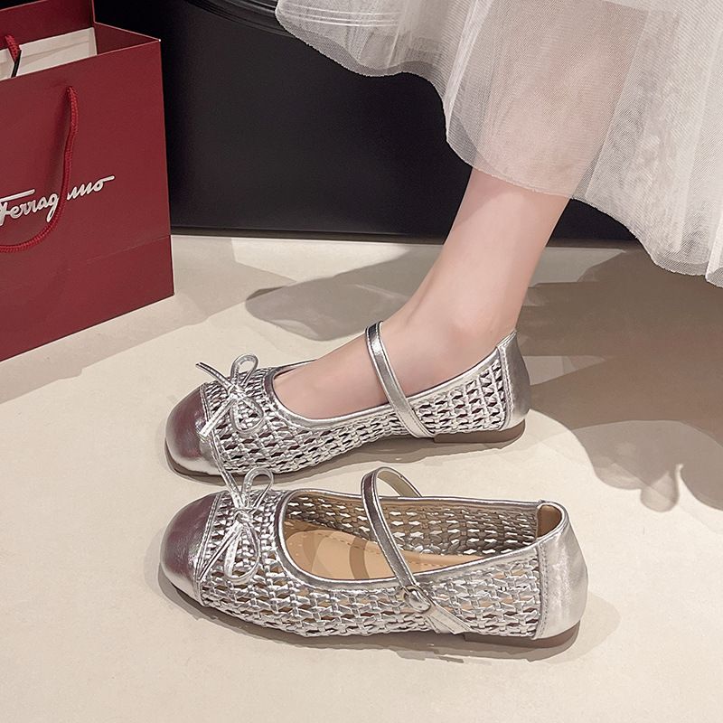 Lässige Hohlloch-Einzelschuhe mit gewebtem Bogen und quadratischem Kopf, flache Freizeitschuhe_voghion.com