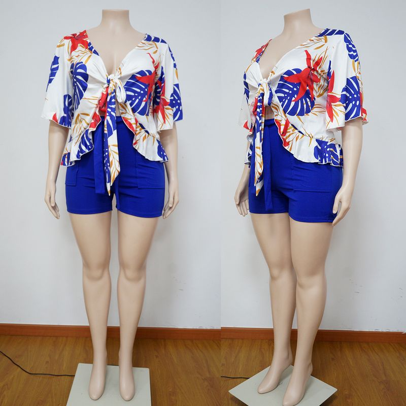 Women's large size two-piece printed casual T-shirt shorts suit_voghion.com