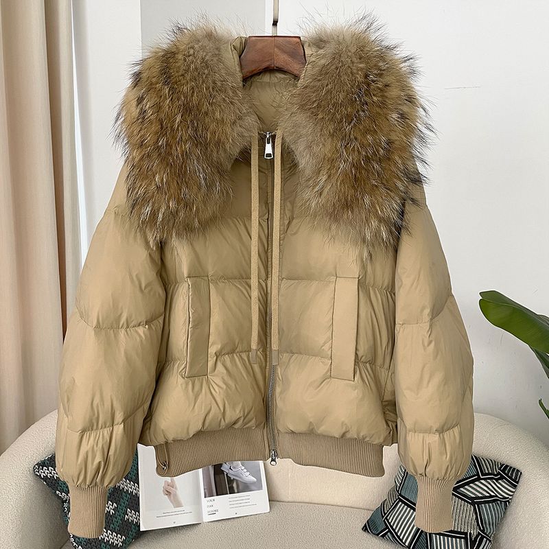 Women's Clothing Ready to stock detachable oversized raccoon fur collar winter women's short thickened white duck Warm jacket jacket flat coat coat_voghion.com