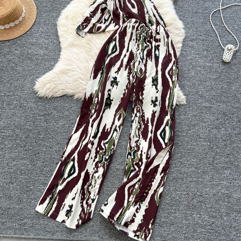 Women's Clothing Two Piece Suit Cross Waist Round Neck Short Sleeves Printed Top High Waist Casual Wide Leg Pants_voghion.com