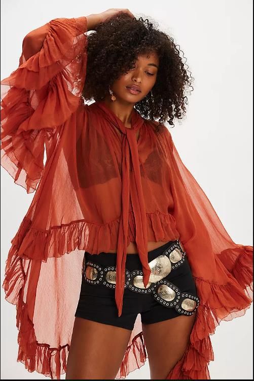 Transparente Chiffonbluse mit Glockenärmeln und Bindedetail – Elegantes, locker sitzendes Langarmoberteil für Damen, Elfenbein/Schwarz/Rosa/Orange (S/M/L)_voghion.com