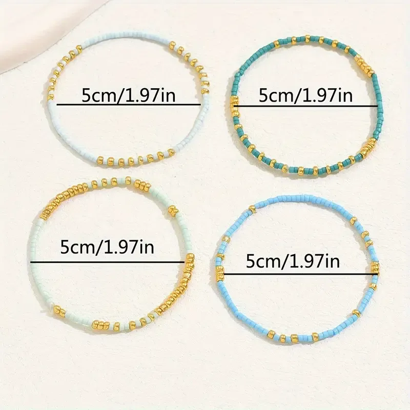 4 Stück türkisfarbene Rocailles-Stretch-Armband-Set, böhmische goldfarbene Glasperlen, elastisch, handgefertigt, für Mädchen, Urlaubsschmuck_voghion.com