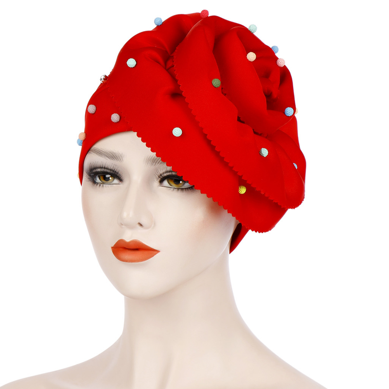ny ensfarget turbanhatt med perler, plass sukkerspinn farget blomsterhatt med perler, turbanhatt_voghion.com