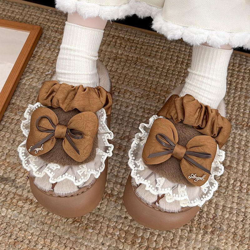 Damen Baumwolle 2025 Herbst/Winter Neue Bow Fuzzy Hausschuhe Stilvolle und vielseitige Freizeitschuhe_voghion.com