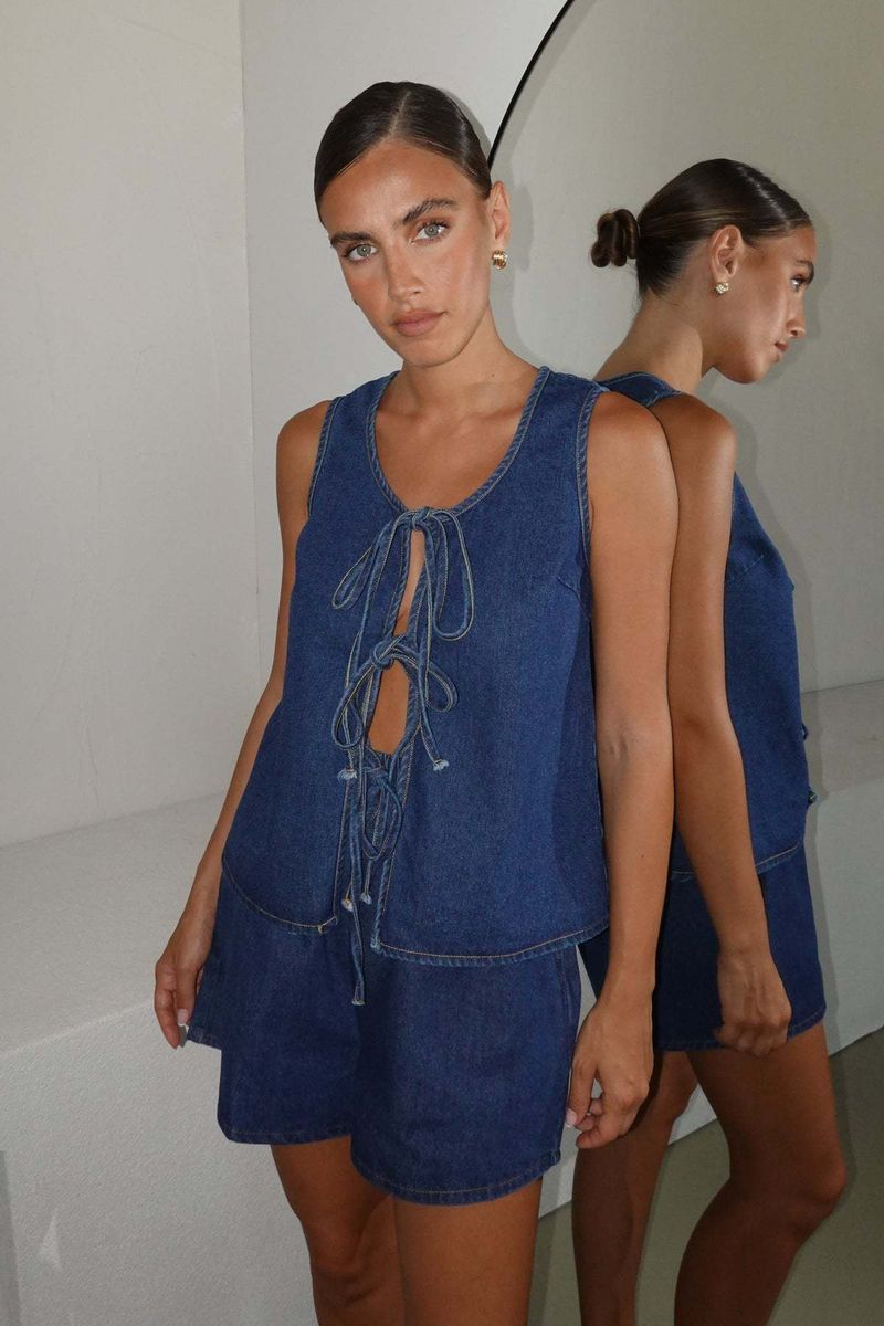 Women's Clothing Summer Fashion Casual Sleeveless Lace Up High Waist Women's Vest Denim Suit Shorts Women_voghion.com