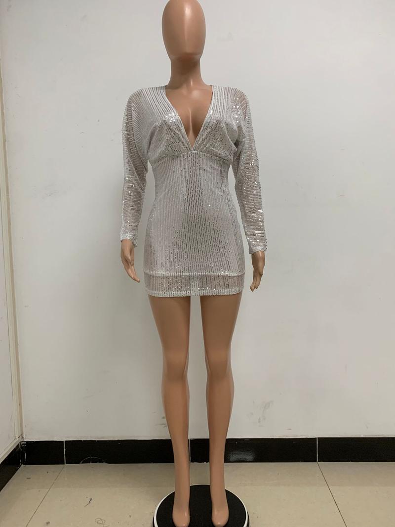 Women's fashion Deep V pleated long-sleeved dress Summer premium wrap hip halter sequin dress_voghion.com