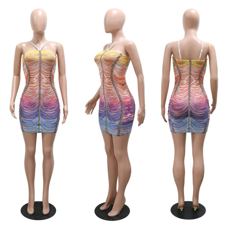 Women Rainbow Diamonds Crystal Tassel Halter Neck Bodycon Midi Dress 2024 Evening Sexy Party Club Chic Dresses Vestidos_voghion.com