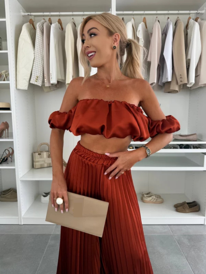 Dameskleding Effen kleur Temperament Tube Top Geplooide broek Pak_voghion.com