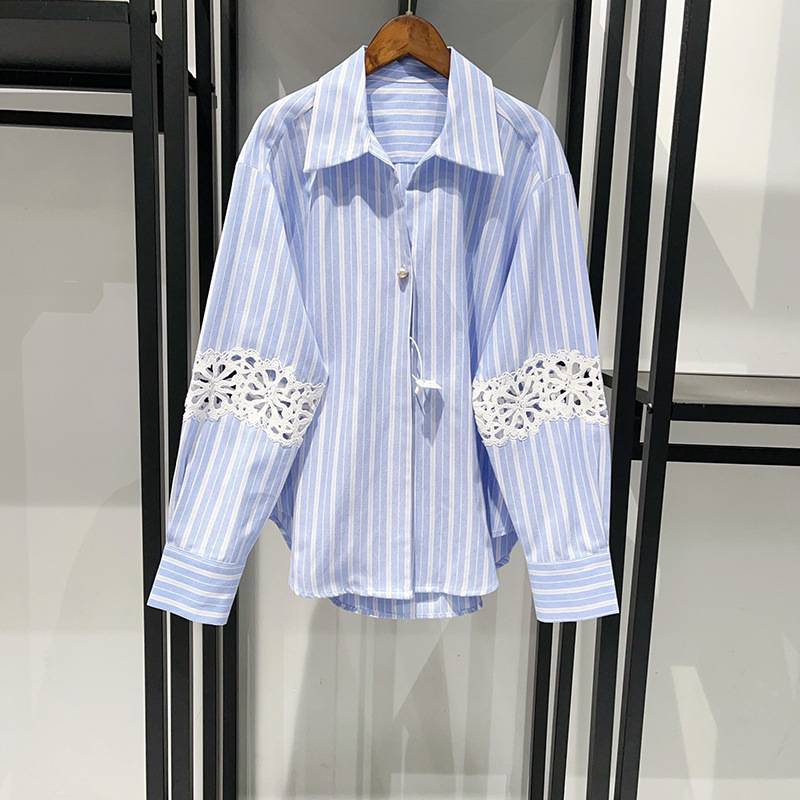 Women's Clothing Summer Careful Blue And White Stripes Lace Beautiful Back Round Neck Sleeveless Long Skirt Shirt 25273_voghion.com