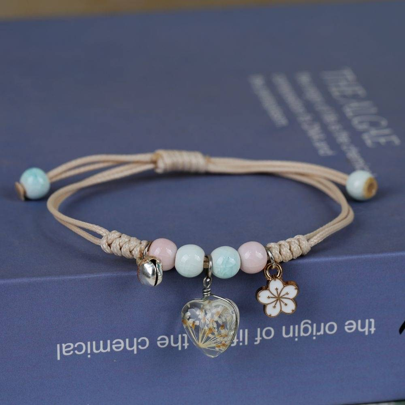 Jingdezhen Handmade Dried - Flower Charm Bracelet: Artisan Jewelry With Beads & Enamel Charms For Daily Wear, Adding Romantic & Cultural Flair_voghion.com