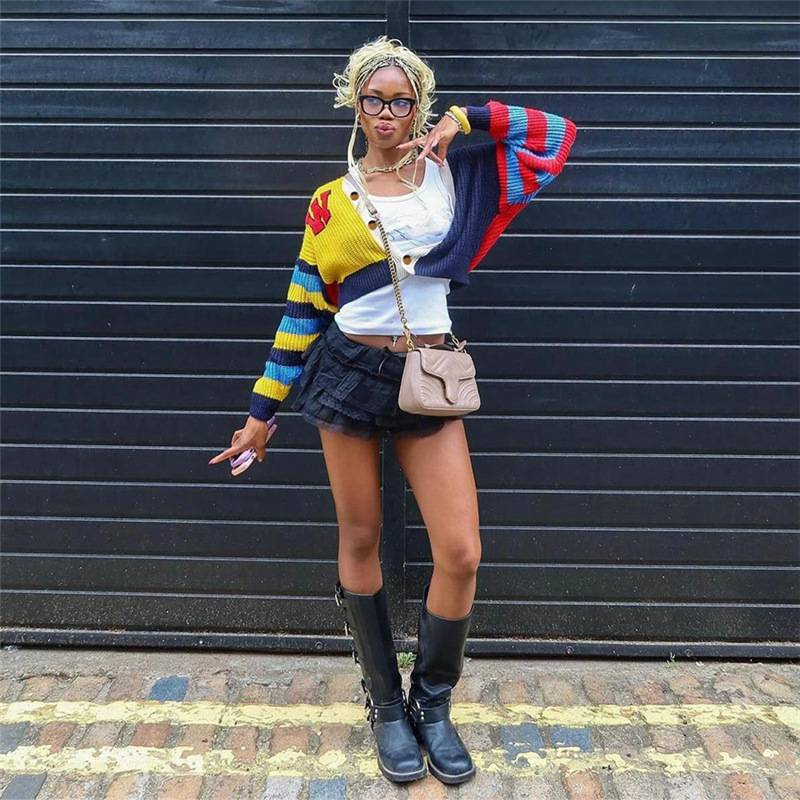 Damski, swobodny, kolorowy sweter z dzianiny z literami i guzikami, krótki rękaw, długi rękaw, modny top w stylu streetwear_voghion.com