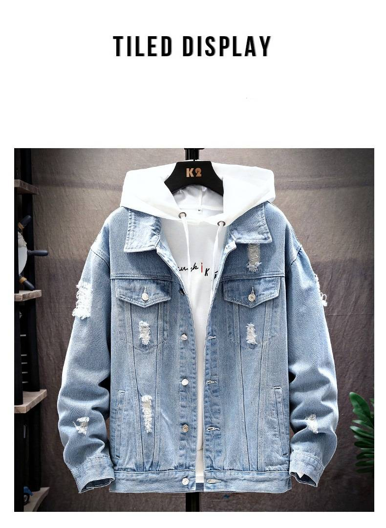 Men's Clothing Loose Denim Jacket Men's Distressed Denim Jacket – Oversized Korean Style Casual Coat With Ripped Details For Spring & Autumn_voghion.com