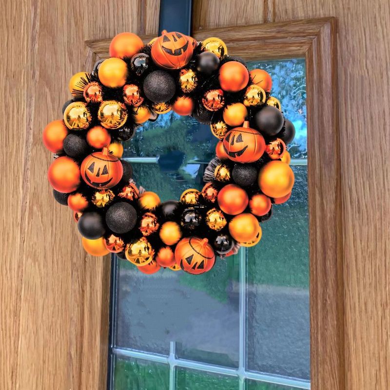 Flowers and grass Halloween smiley pumpkin ball wreath front door pendant festive atmosphere decoration wreath_voghion.com