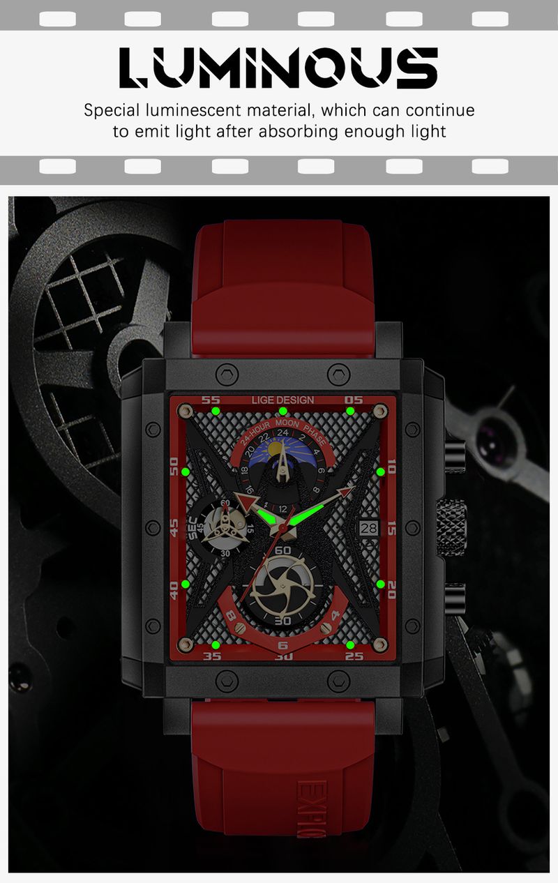Orologio al quarzo quadrato da uomo LIGE LG8965 - Cronografo impermeabile con datario, cinturino sportivo in silicone (blu/nero, argento/bianco)_voghion.com