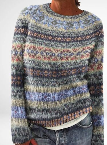 Women's Stylish 3D Jacquard Knit Sweater - Loose Fit Round Neck Pullover With Color Block Design, Comfortable Polyester Blend_voghion.com