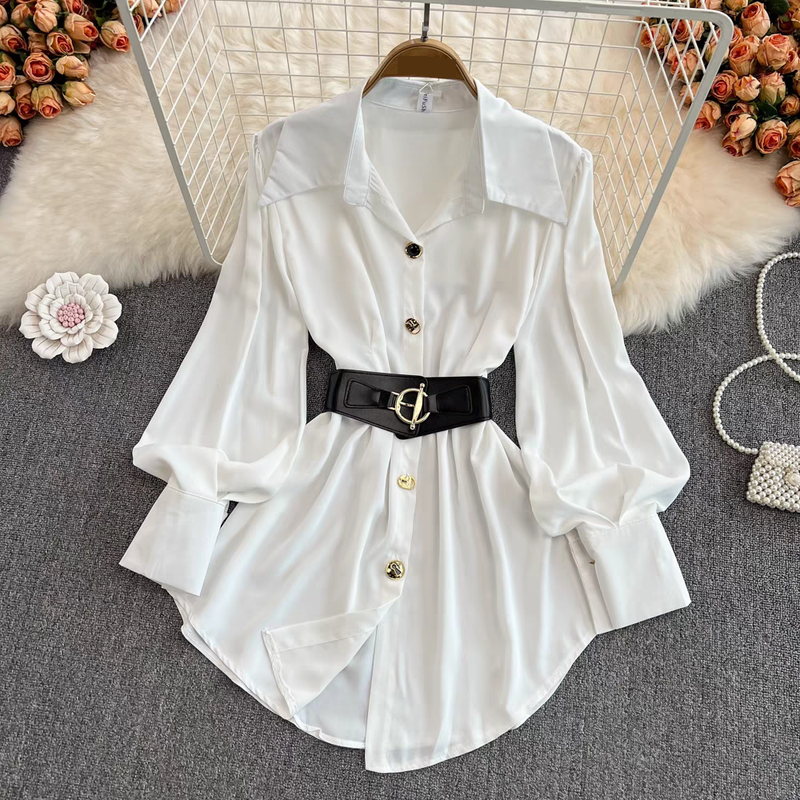Dameskleding Lente Retro Stijl Temperament Taille Afslankend Geplooid Lange Mouw Shirt Korte Rok_voghion.com