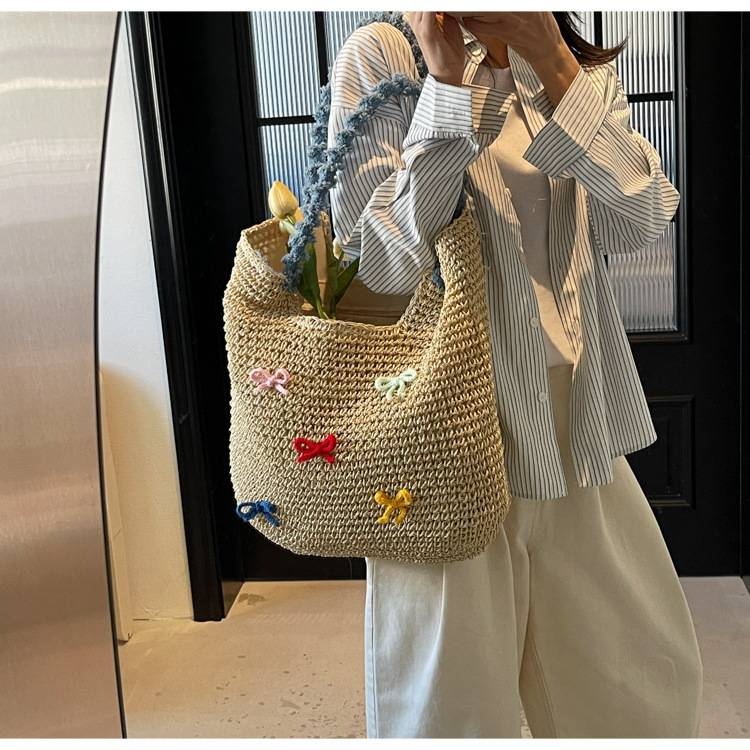 Borsa intrecciata a mano Borsa da spiaggia con fiocco carino Borsa da spiaggia alla moda Borsa da spiaggia monospalla in paglia Borsa da festa_voghion.com
