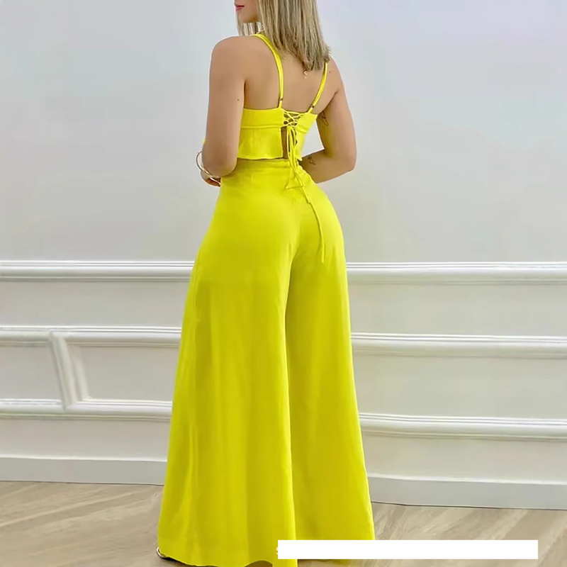 Ensemble deux pièces décontracté pour femme, pantalon ample à jambes larges et couleur unie_voghion.com