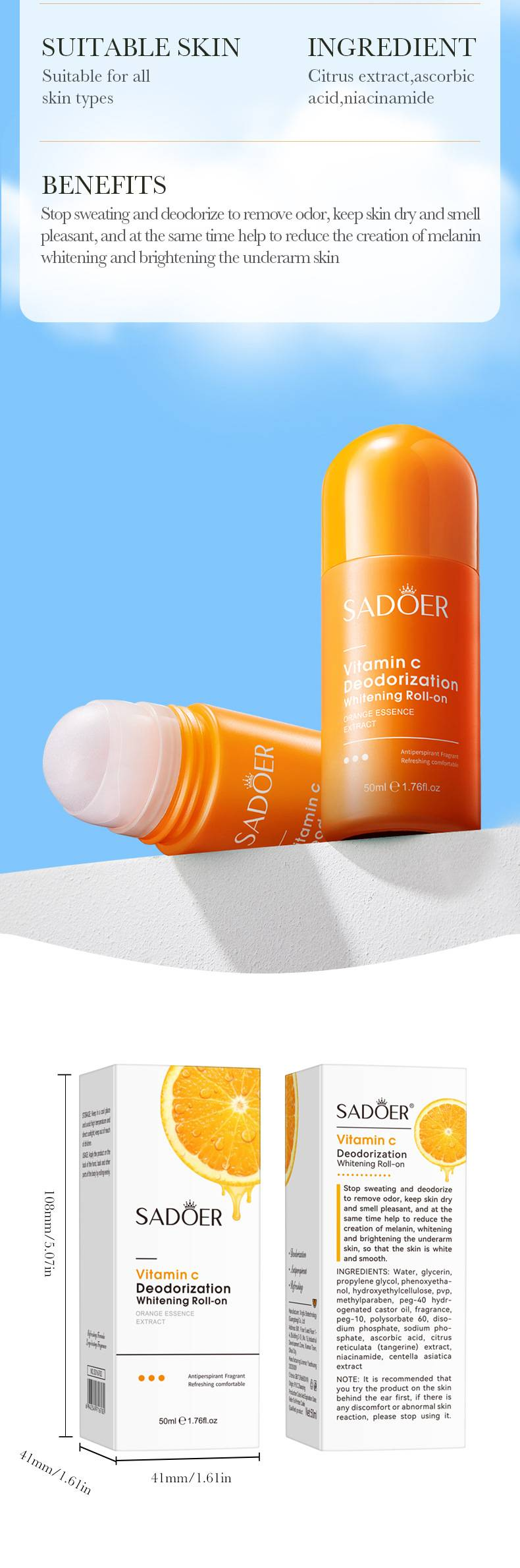 SADOER Vitamin C Achsel-Roll-On – 50 ml, Aufheller, Deodorant und Anti-Schweiß für frische, strahlende Achseln_voghion.com