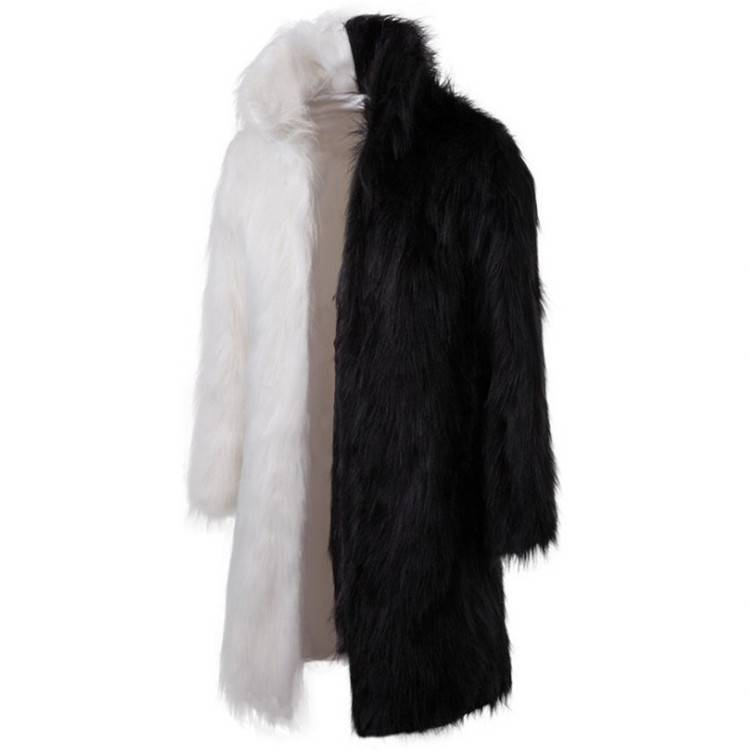 Men's Faux Fur Coat, Long Elegant Overcoat With Stand Collar, Velvet-Lined Winter Jacket In Black & White_voghion.com