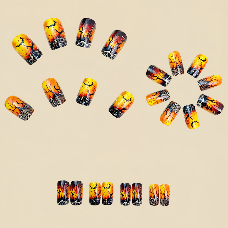 24 Stück Halloween Press-On Nails – Schwarzes & oranges Baumdesign mit Fledermäusen, Mond & Schneeflocken – Halloween-Dekoration, festliches Party-Accessoire_voghion.com