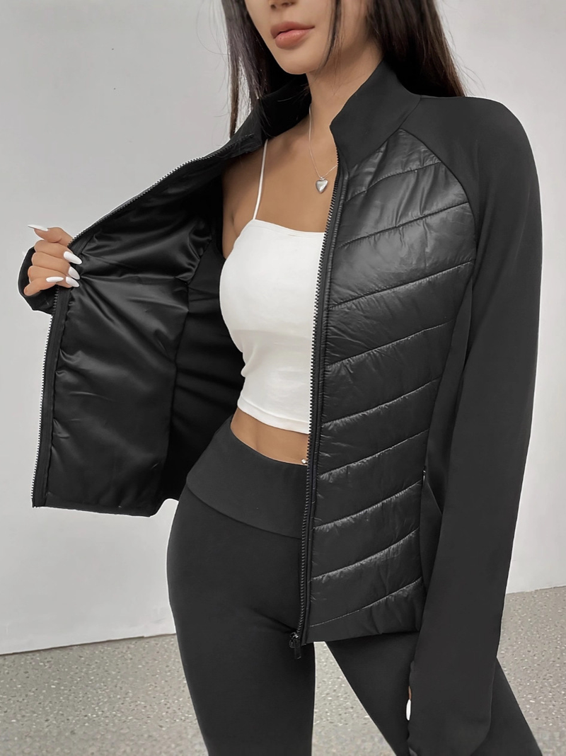 Damen Slim-Fit Patchwork Steppjacke - Stylischer Polyester-Baumwollmantel mit Stehkragen, Elegantes Schwarz, S-XXL (Perfekt für Arbeit & Freizeit)_voghion.com