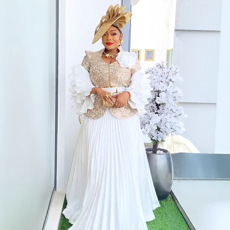 Robe longue élégante en dentelle à volants, ensemble 2 pièces, imprimé floral, robe de soirée avec taille péplum et manches courtes, robe d'invitée de mariage/tenue de bureau (rouge/bleu/nude)_voghion.com