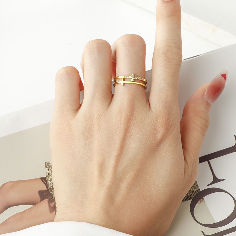 Ins double layer cross diamond ring titanium steel cold style light luxury temperament exquisite hand jewelry men and women fashion jewelry_voghion.com