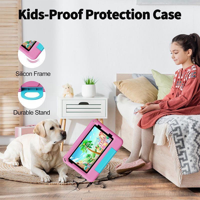 VASOUN B7kids 7-inch Android Kids Tablet With Shockproof Case, 8GB RAM + 64GB Storage, Dual Camera, WiFi, Sky Blue & Pink_voghion.com