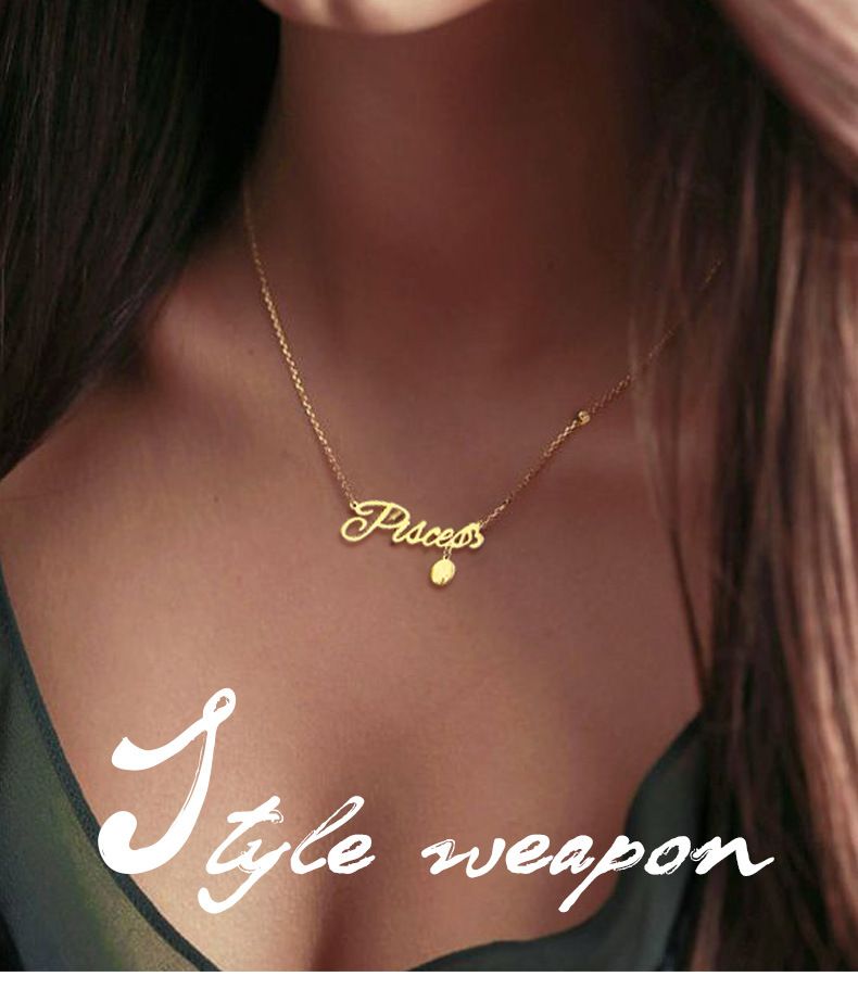 Collana con lettera inglese alla moda da donna in acciaio al titanio con diamanti, dodici costellazioni, ciondolo, catena per clavicola_voghion.com